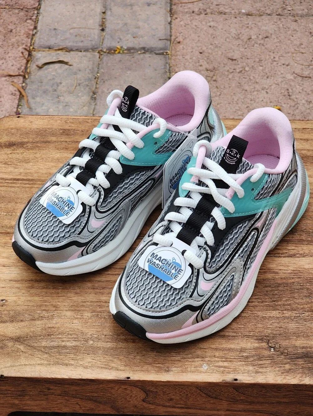 Skechers Girls' S2K Silver Multi Machine Washable Sneakers (Youth) Size 12